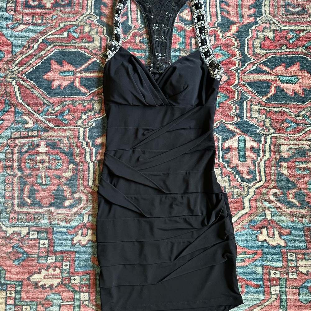 City Triangles Black Mini Dress with Embellished Straps